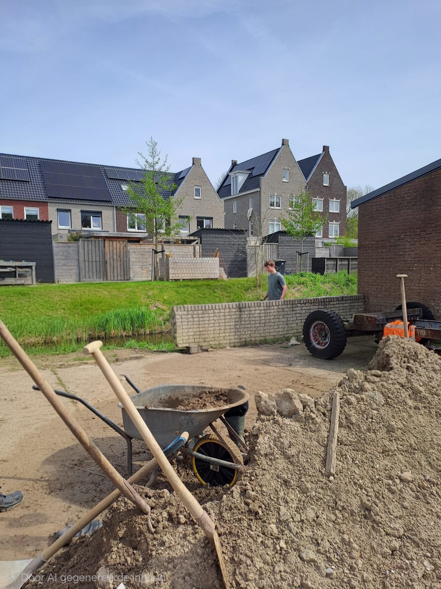 Grond wordt met de kruiwagen verplaatst en aangebracht om het terrein te verstevigen.